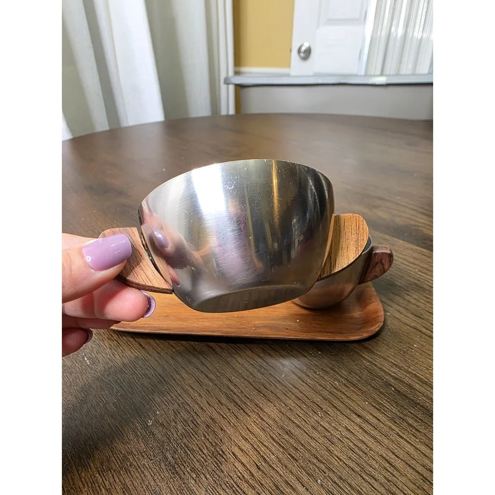 Vintage Brostrom Teakwood Tray Denmark Cream‎ And Sugar Set Stainless Steel E2